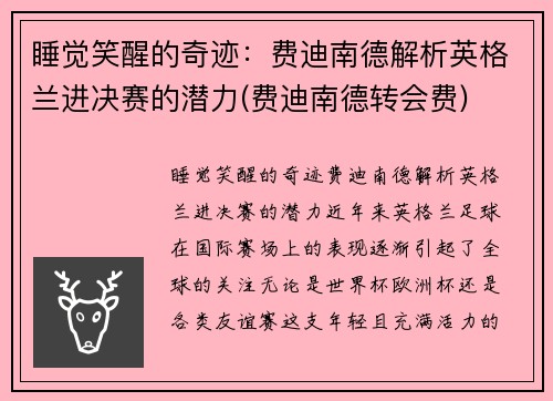 睡觉笑醒的奇迹：费迪南德解析英格兰进决赛的潜力(费迪南德转会费)