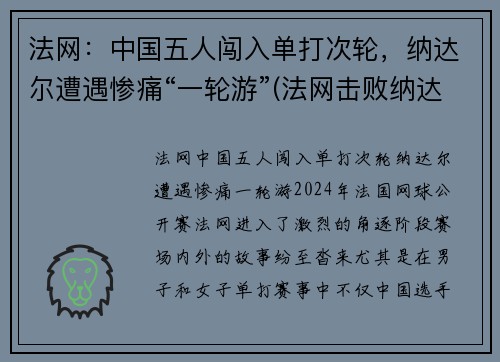 法网：中国五人闯入单打次轮，纳达尔遭遇惨痛“一轮游”(法网击败纳达尔夺冠)