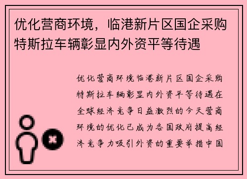 优化营商环境，临港新片区国企采购特斯拉车辆彰显内外资平等待遇